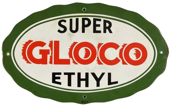 GLOCO SUPER ETHYL PORCELAIN OVAL SIGN.            