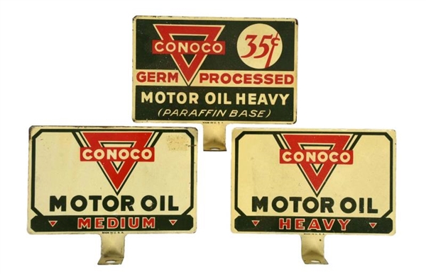 LOT OF 3: CONOCO MOTOR OIL TIN SIGNS.             
