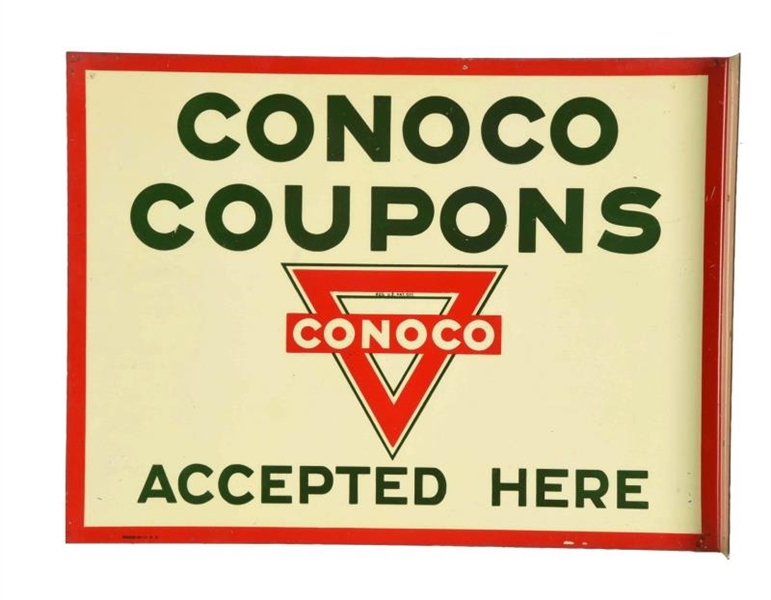CONOCO COUPON ACCEPTED HERE TIN FLANGE SIGN.      
