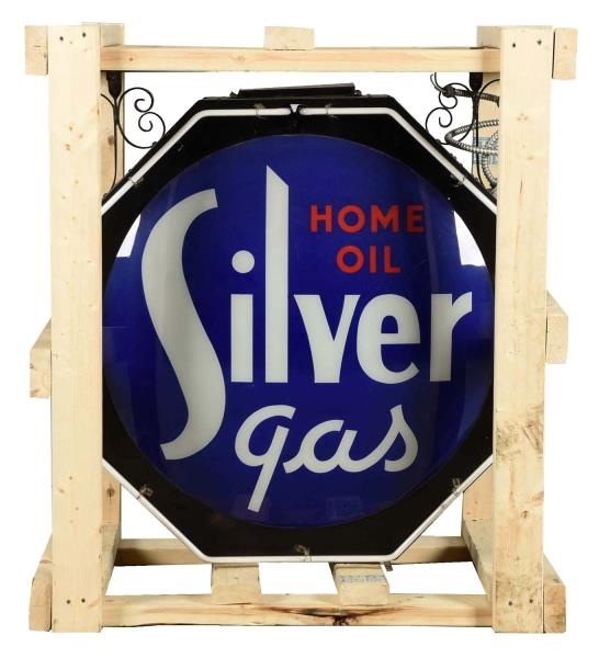 HOME OIL SILVER GAS LIGHTED NEON SIGN.            