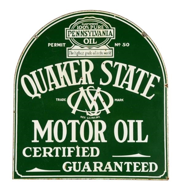 QUAKER STATE MOTOR TOMBSTONE SHAPED SIGN.         