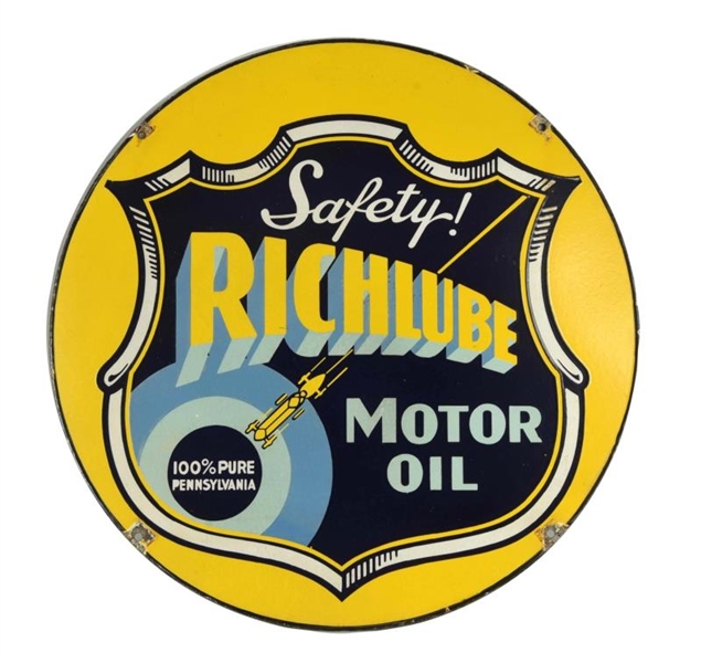 RICHLUBE MOTOR OIL "SAFETY!" PORCELAIN SIGN.      