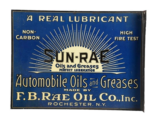 RARE SUN-RAE OILS AND GREASES TIN FLANGE SIGN.    