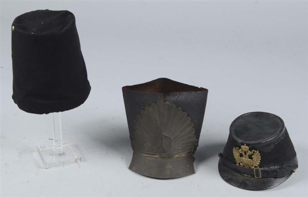 LOT OF 3: SHAKOS & MITRE STYLE MILITARY HATS.     
