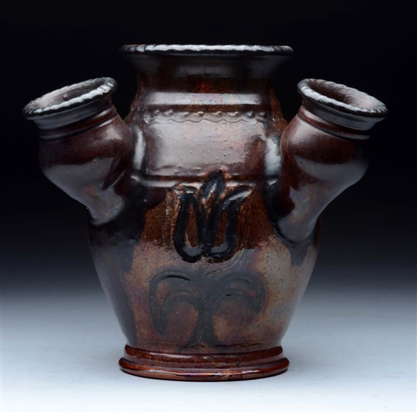 STAHL REDWARE POTTERY VASE WITH FOUR NECKS.       