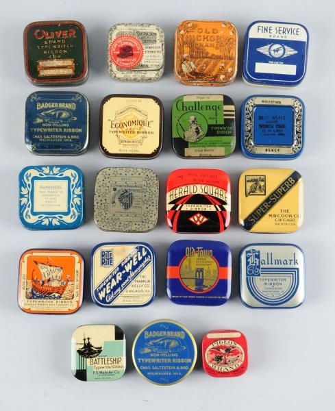LOT OF 19: ASSORTED EARLY TYPEWRITER RIBBON TINS. 