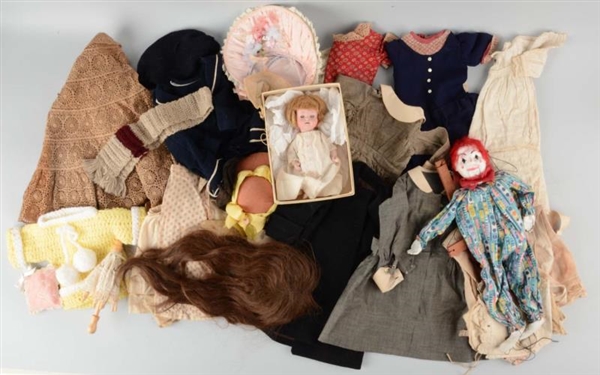 LOT OF ANTIQUE DOLL CLOTHING & MORE.              