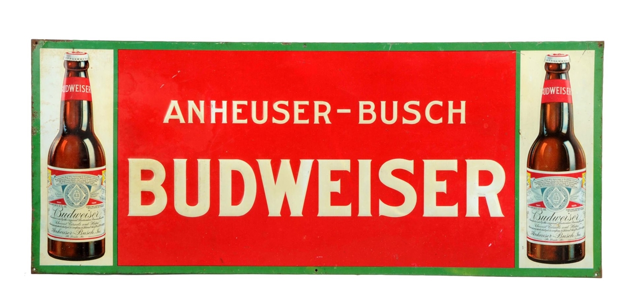 BUDWEISER TWIN LABELED BOTTLES TIN SIGN.          