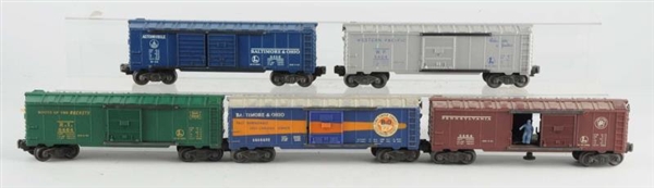 LOT OF 5: ASSORTED LIONEL BOX CARS.               