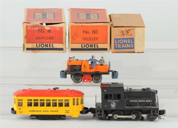LOT OF 3: LIONEL TROLLEY, GANG CAR & SWITCHER.    