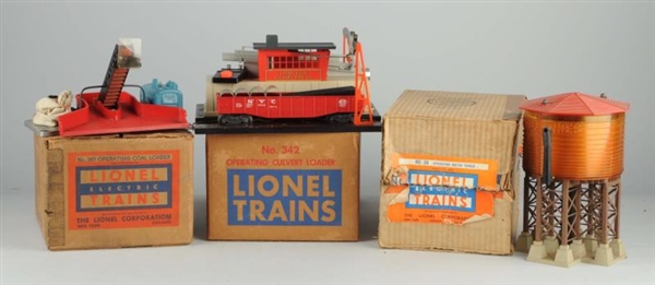 LOT OF 3: LIONEL WATER TOWER & LOADERS.           