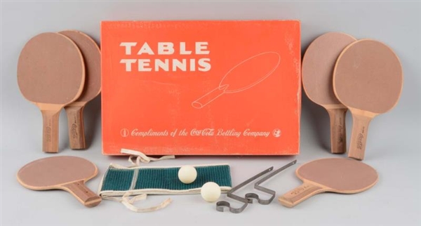 BOXED SET OF COCA-COLA TABLE TENNIS PADDLES & NET.