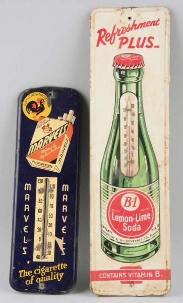 LOT OF 2: ADVERTISING TIN THERMOMETERS.           