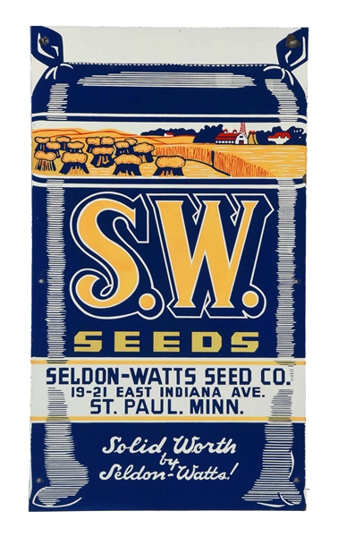 S.W. SEEDS W/ GREAT FARM SCENE PORCELAIN SIGN.    