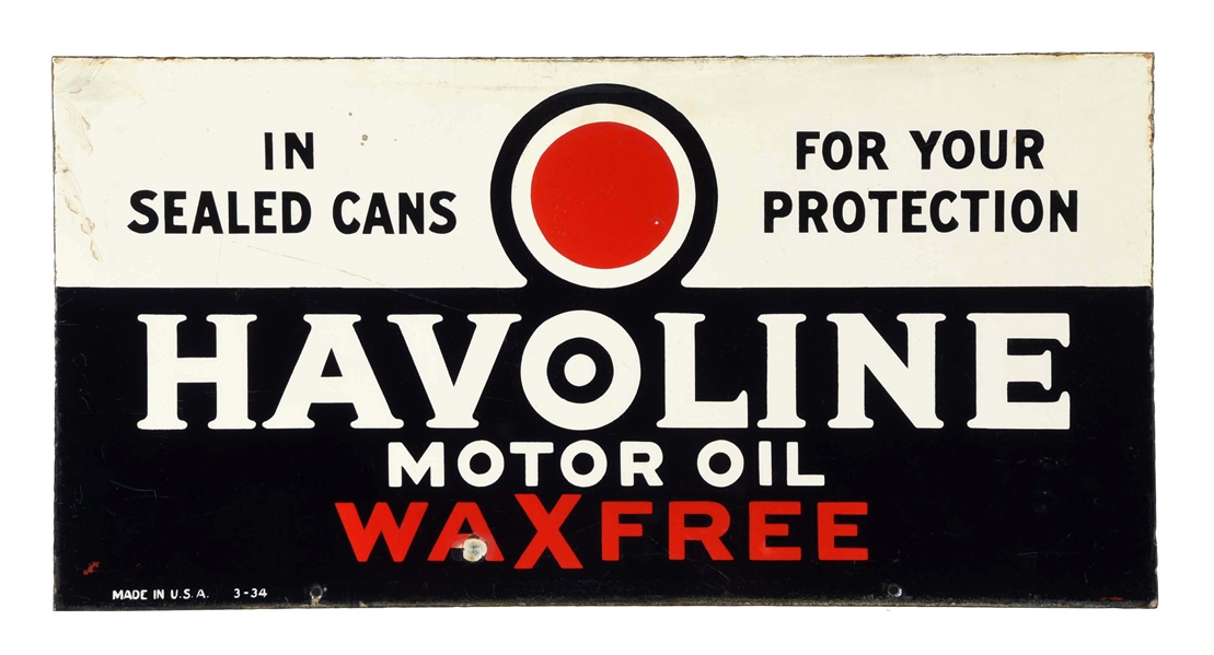 HAVOLINE MOTOR OIL "WAX FREE" PORCELAIN SIGN.     