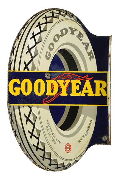 GOODYEAR W/ BIG TIRE & WINGED FOOT FLANGE SIGN.   