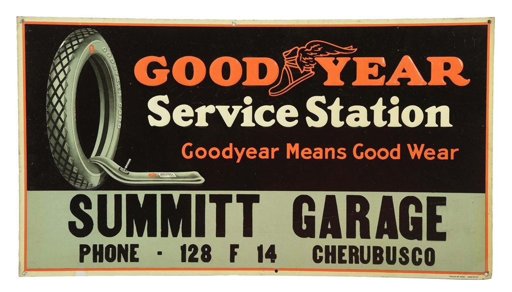 GOODYEAR SERVICE STATION TIN EMBOSSED SIGN.       