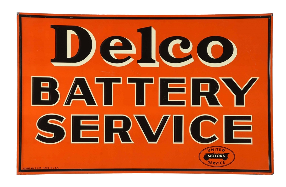 DELCO BATTERY SERVICE W/ LOGO TIN EMBOSSED SIGN.  
