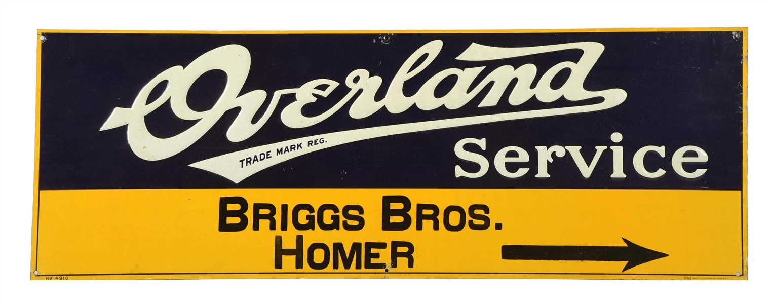OVERLAND SERVICE TIN EMBOSSED SIGN.               