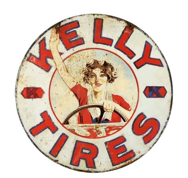 KELLY TIRES W/ GIRL TIN SIGN (RESTORED).          