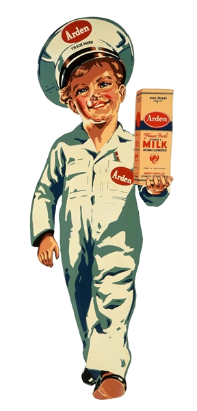 ARDEN MILK DELIVERY BOY TIN DIECUT SIGN.          