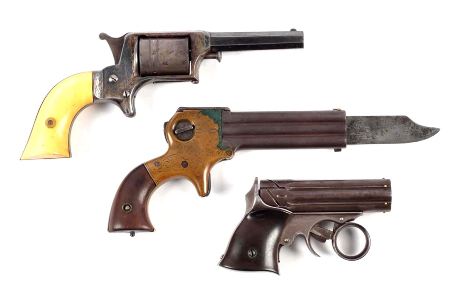 LOT OF 3: UNUSUAL ANTIQUE POCKET GUNS.            