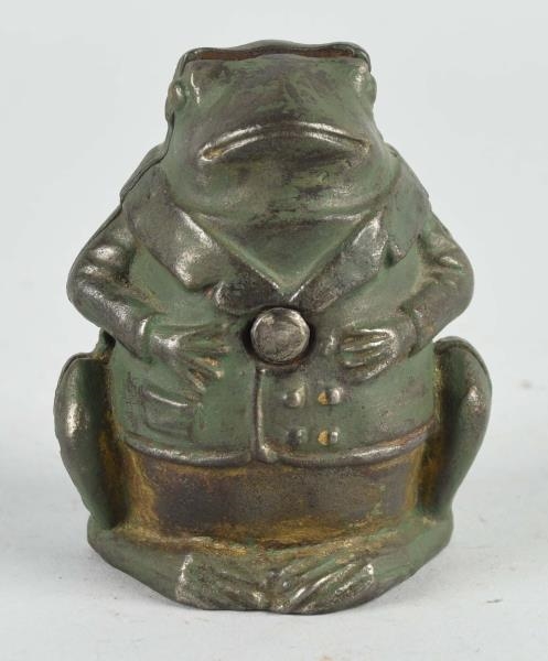 CAST IRON FROG WITH TURN PIN STILL BANK.          