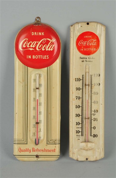 LOT OF 2: COCA-COLA TIN THERMOMETERS.