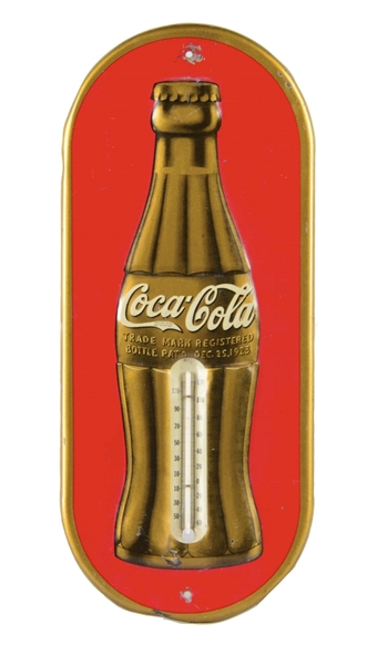 COCA COLA EMBOSSED TIN ADVERTISING THERMOMETER SIGN