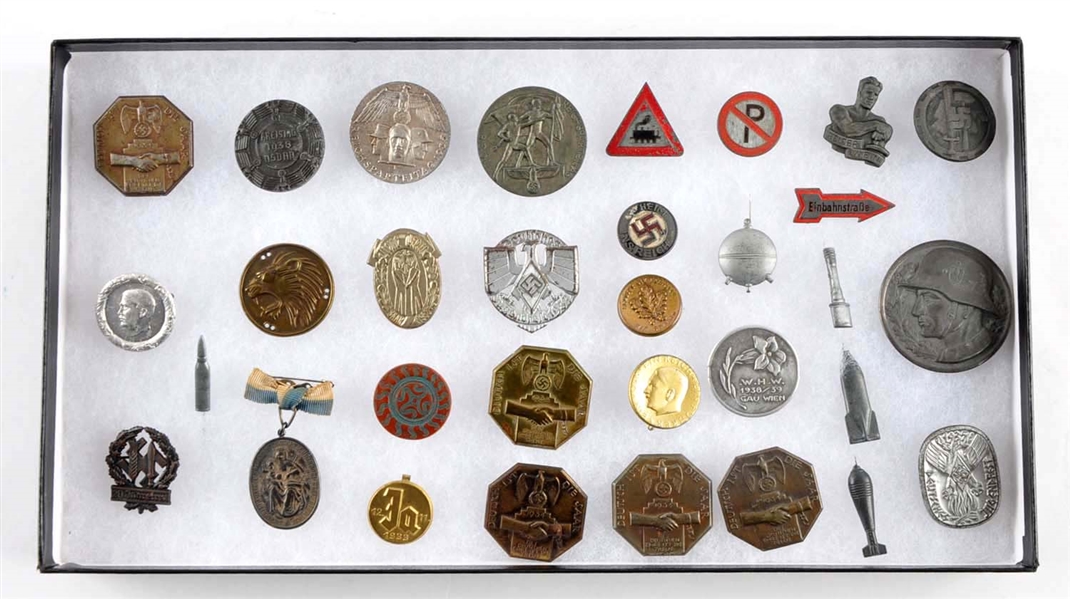 LOT OF 32: GERMAN & THIRD REICH TINNIES & PINS.   