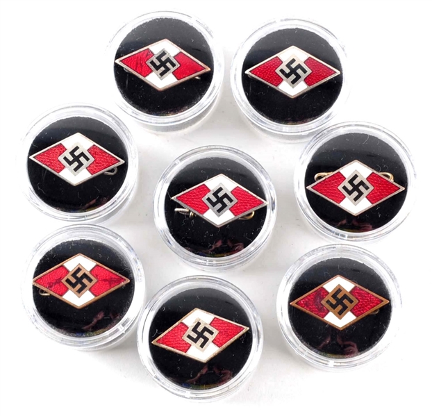 LOT OF 8: HITLER YOUTH MEMBERSHIP PINS.           