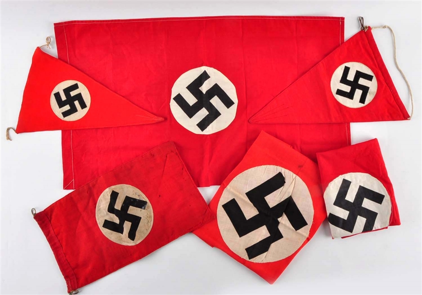 LOT OF 6: NAZI PARTY FLAGS & PENDANTS.            