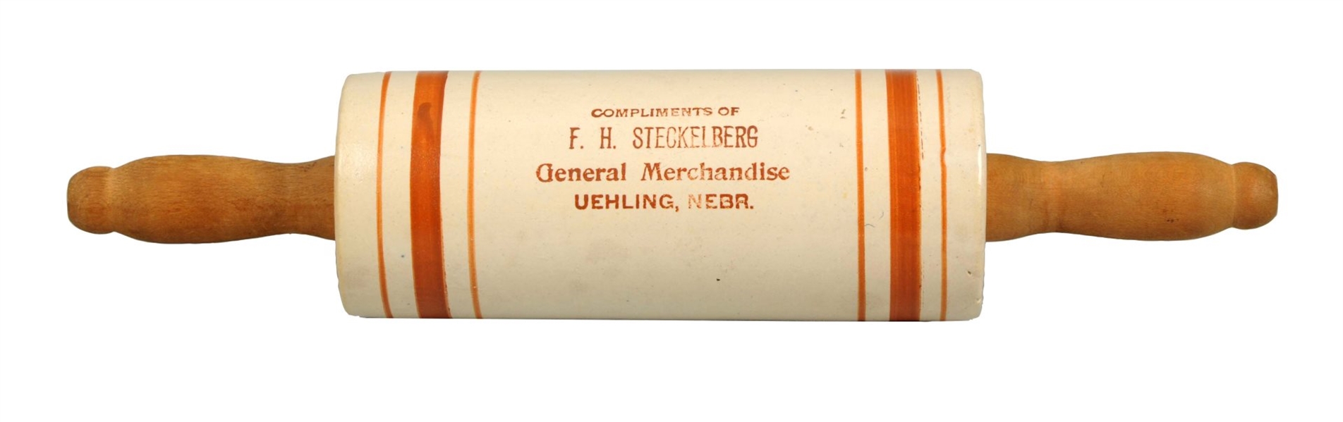 EARLY STONEWARE ADVERTISING ROLLING PIN.          