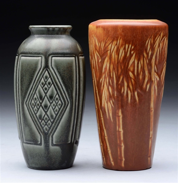 LOT OF 2: ROOKWOOD GREEN & BROWN POTTERY VASES.   