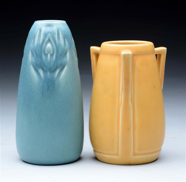 LOT OF 2: ROOKWOOD YELLOW & BLUE POTTERY VASES.   