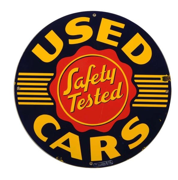 (OLDSMOBILE) SAFETY TESTED USED CARS SIGN.        