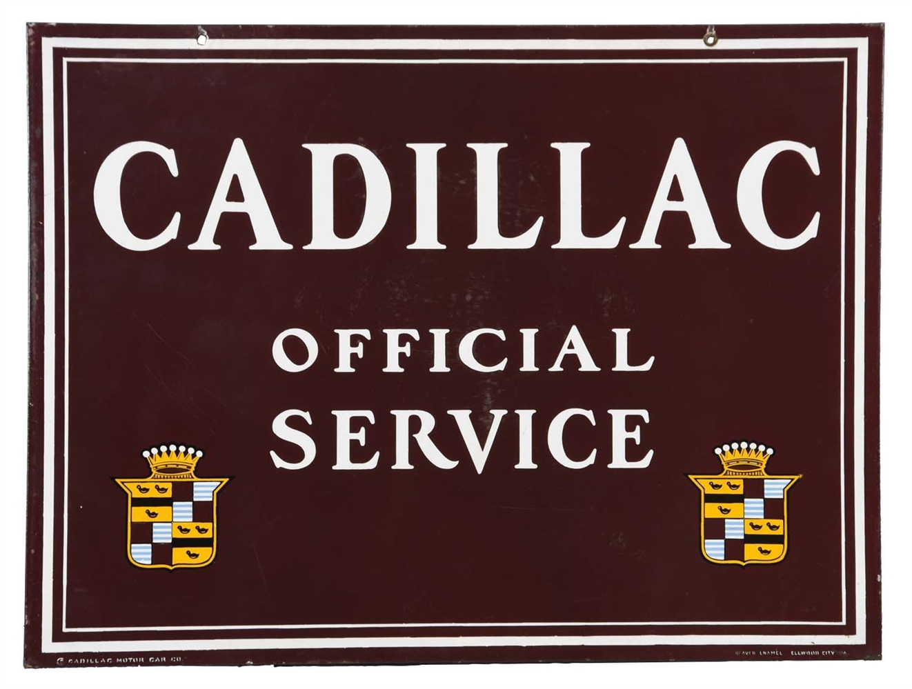 CADILLAC OFFICIAL SERVICE W/CREST LOGOS PORCELAIN SIGN.     