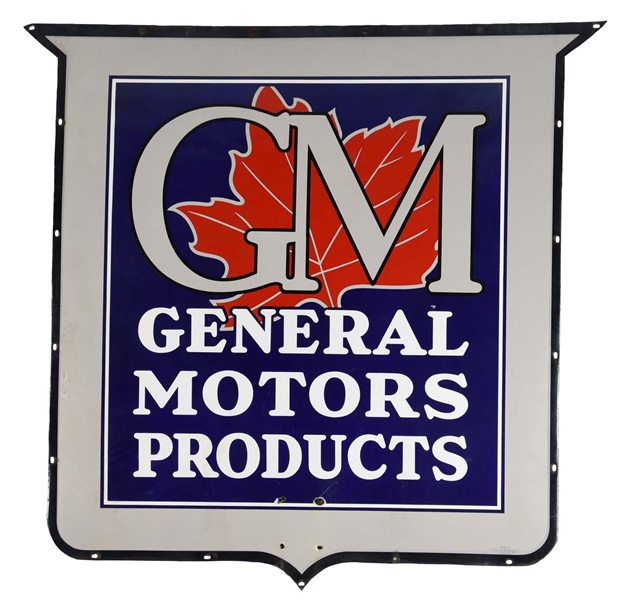 GM GENERAL MOTOR PRODUCTS W/MAPLE LEAF LOGO SHIELD SHAPED PORCELAIN SIGN. 
