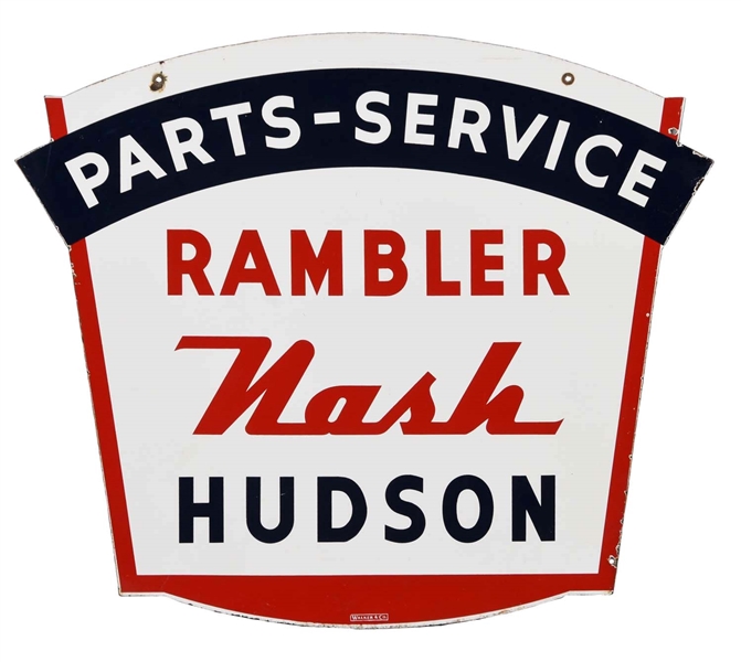 RAMBLER-NASH-HUDSON PARTS-SERVICE DIECUT PORCELAIN SIGN.           