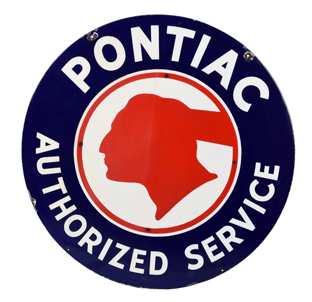PONTIAC AUTHORIZED SERVICE W/ CHOPPED FEATHER LOGO PORCELAIN SIGN.                  