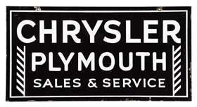 CHRYLSER PLYMOUTH SALES & SERVICE PORCELAIN SIGN.           
