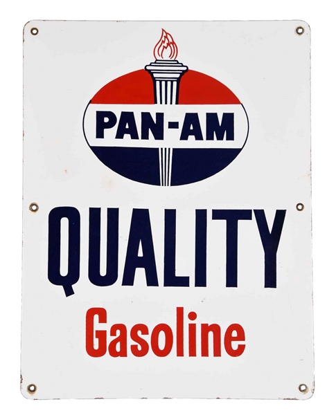 PAN-AM QUALITY GASOLINE W/ LOGO PORCELAIN SIGN.         