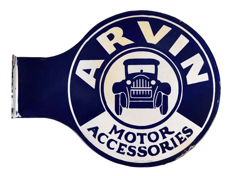 ARVIN MOTOR ACCESSORIES W/CAR PORCELAIN FLANGE SIGN.               