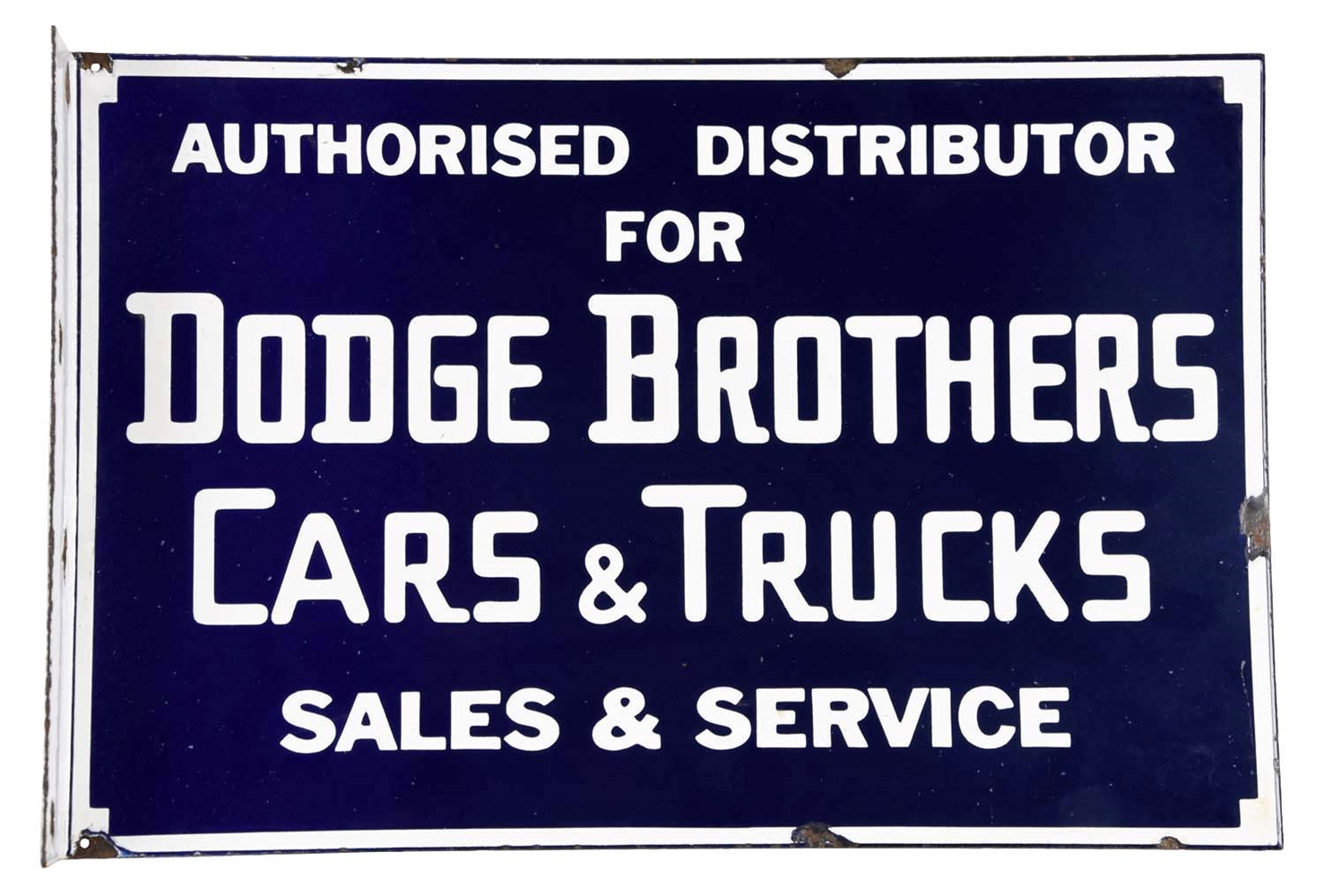DODGE BROTHERS CARS & TRUCKS PORCELAIN FLANGE SIGN.                