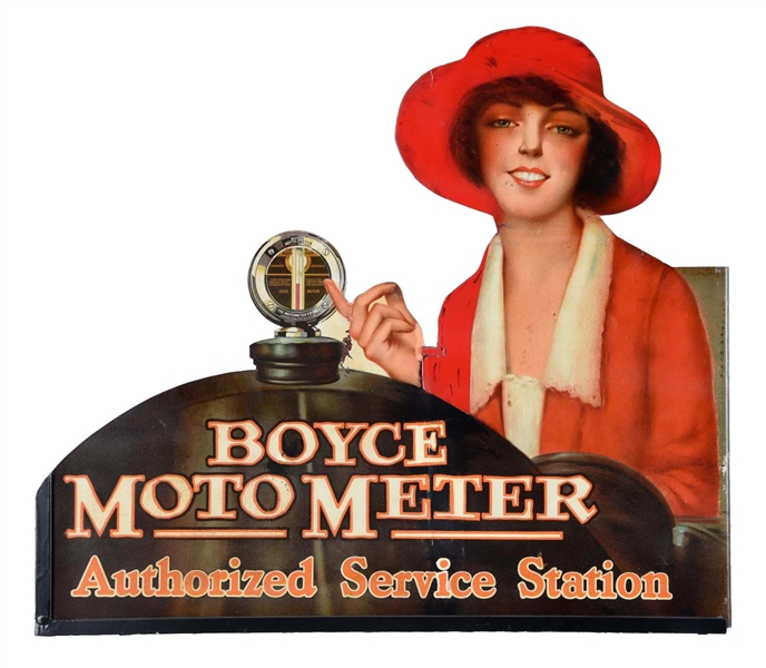 BOYCE MOTO METER AUTHORIZED SERVICE STATION TIN FLANGE SIGN. 