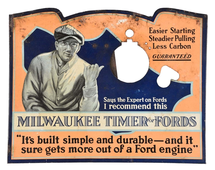 MILWAUKEE TIMER FOR FORDS TIN EASEL BACK COUNTERTOP DISPLAY SIGN.                   