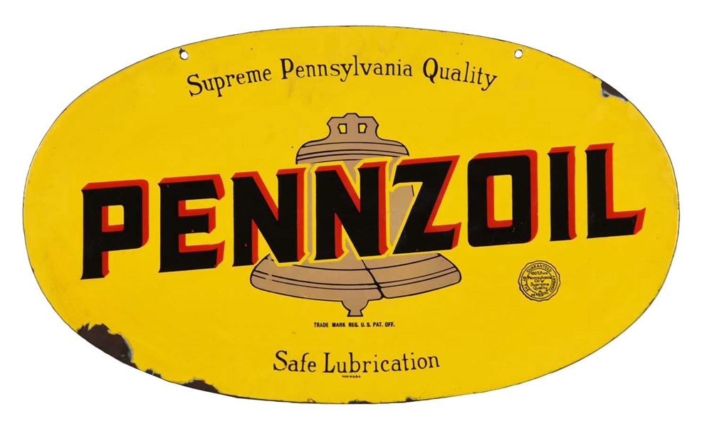 PENNZOIL W/ BROWN BELL PORCELAIN OVAL SIGN.                      