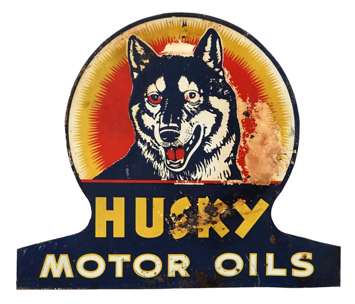 HUSKY MOTOR OIL W/ SUNBURST LOGO DIECUT TIN SIGN.            