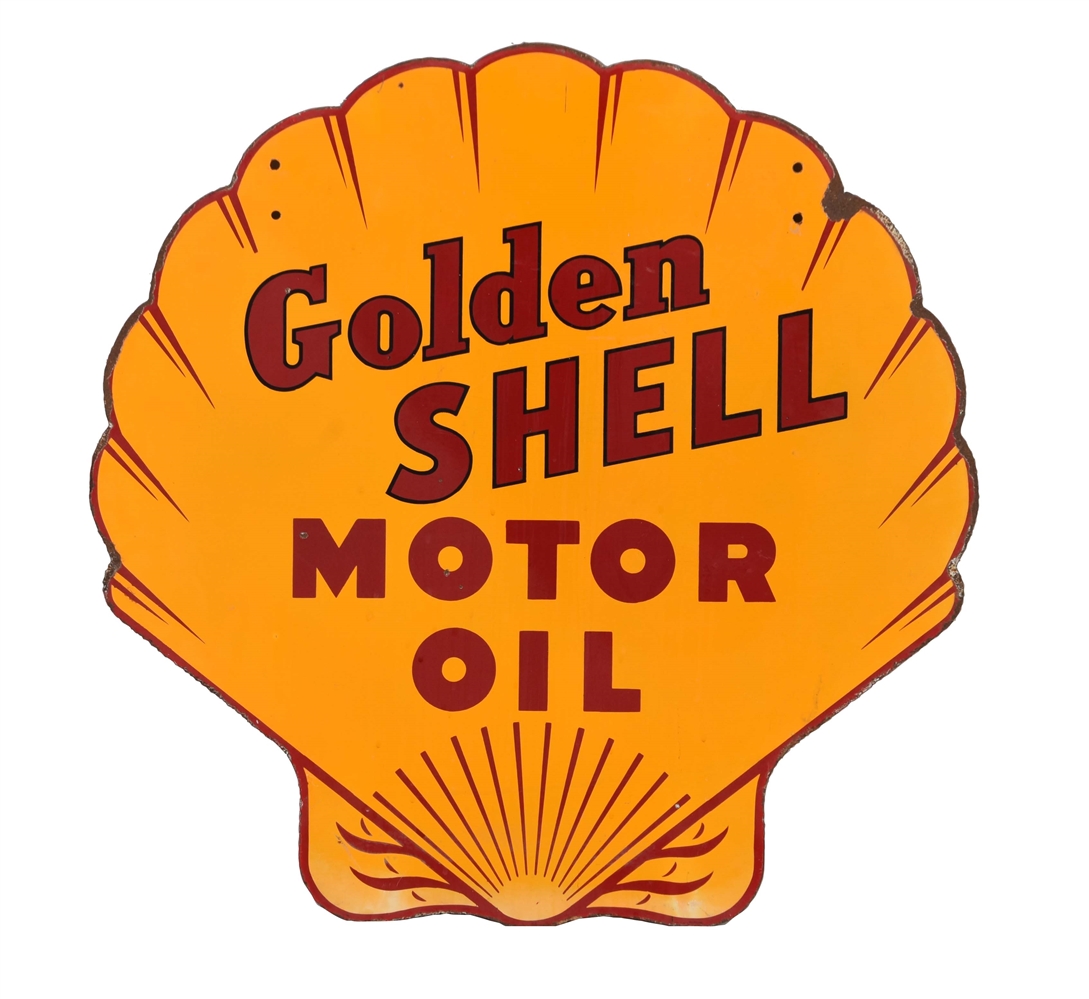 GOLDEN SHELL MOTOR OIL SHELL SHAPED PORCELAIN SIGN.                      