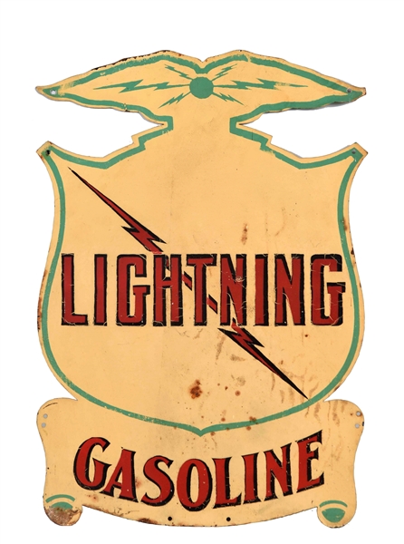 LIGHTNING GASOLINE DIECUT TIN SIGN.               